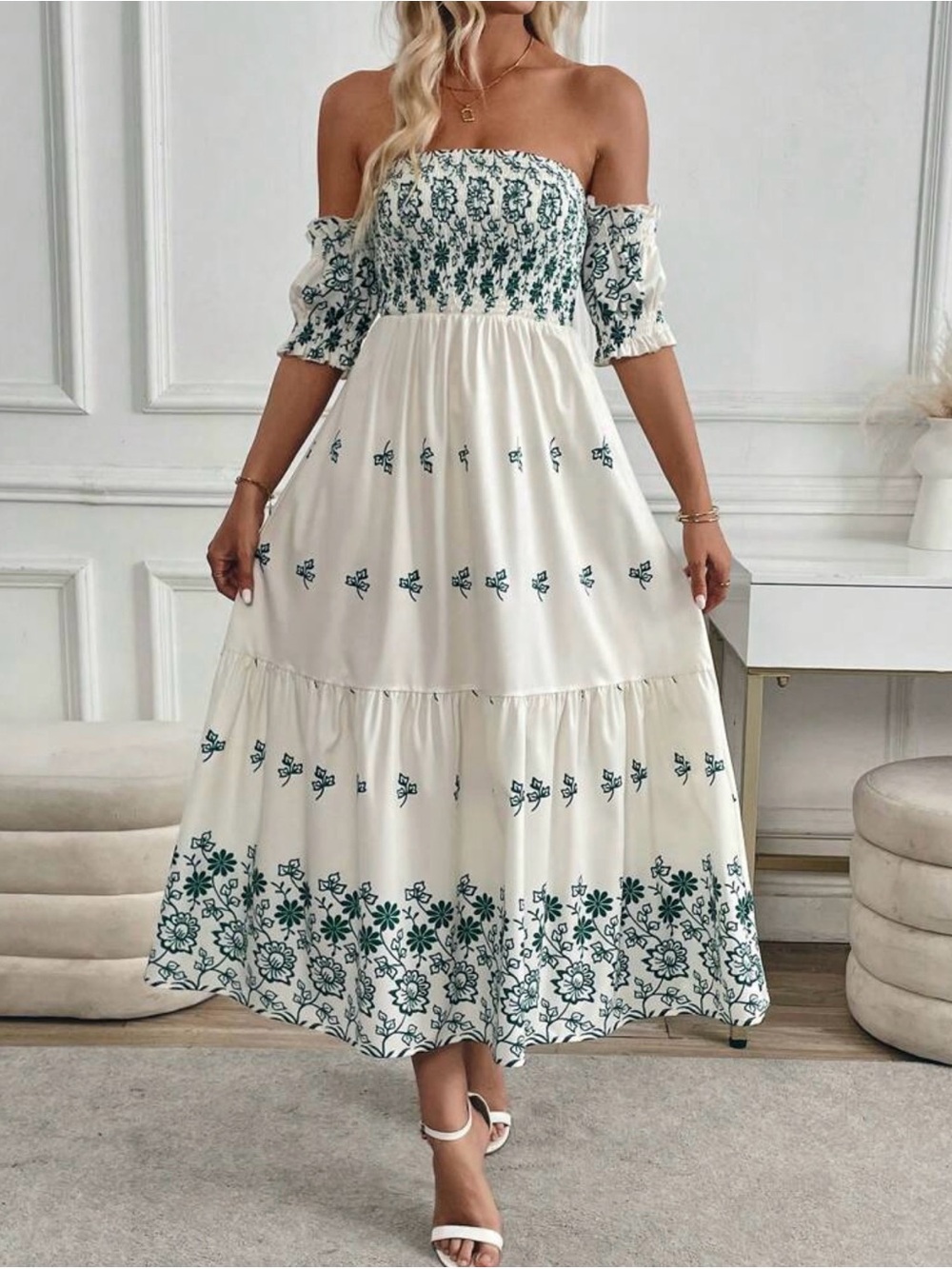 SHEIN Cream Dress with Green Floral Embroidery